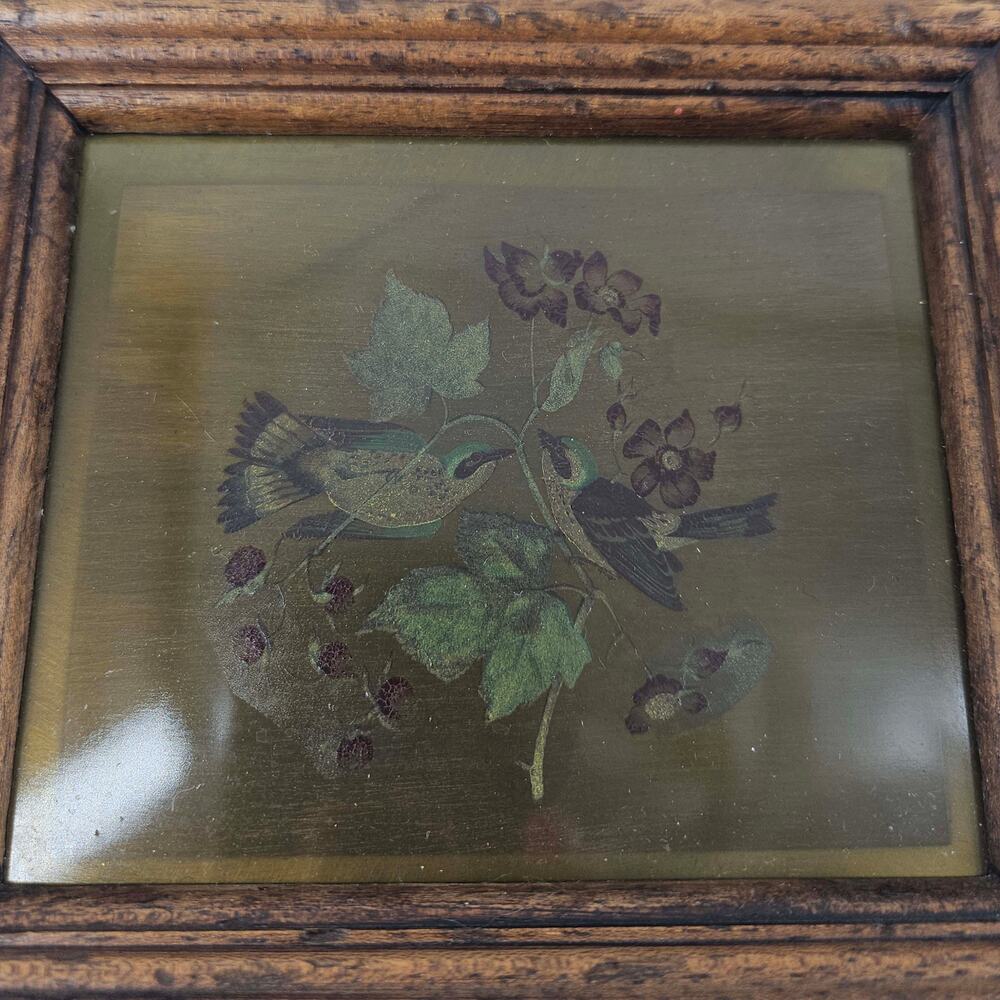 Vintage Victorian style unique birds flowers art on brass in solid wood frame - Picture 2 of 4
